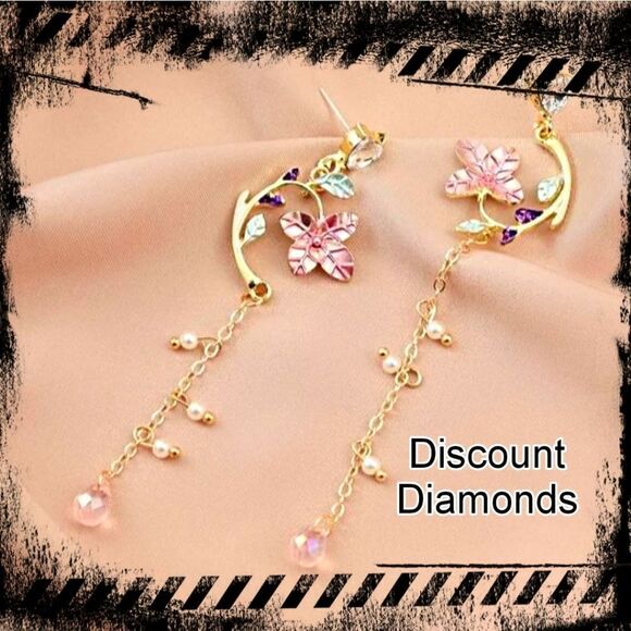 Baguette Heart Diamond 18K Gold on 925 Pink Sakura Long Dangle Earrings - Picture 1 of 8
